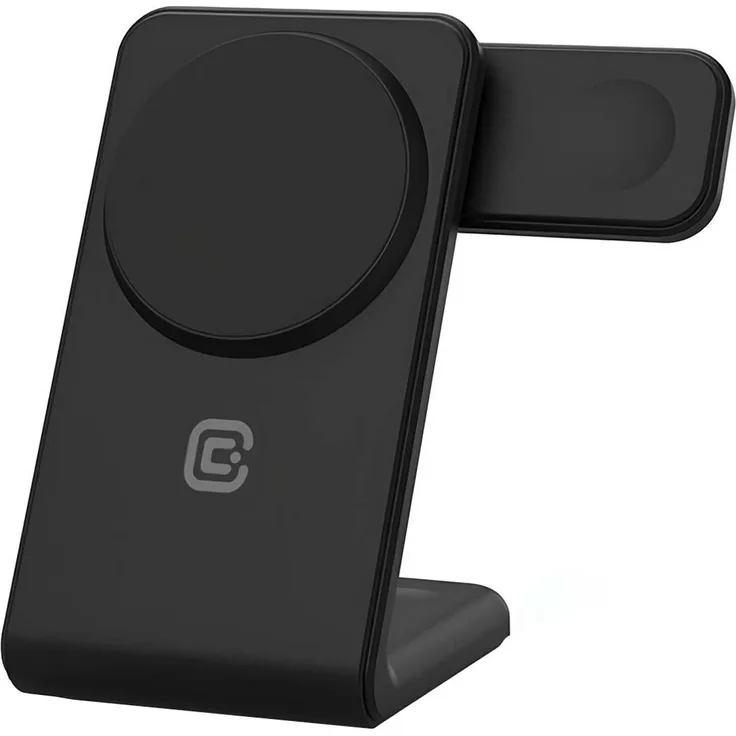 Crong MagSpot 3-in-1 Qi Ladegerät für iPhone/Watch/AirPods, Schwarz - kompatibel mit MagSafe, lädt bis zu 3 Geräte gleichzeitig, rotierbarer Arm für Apple Watch, USB-C-Kabel enthalten