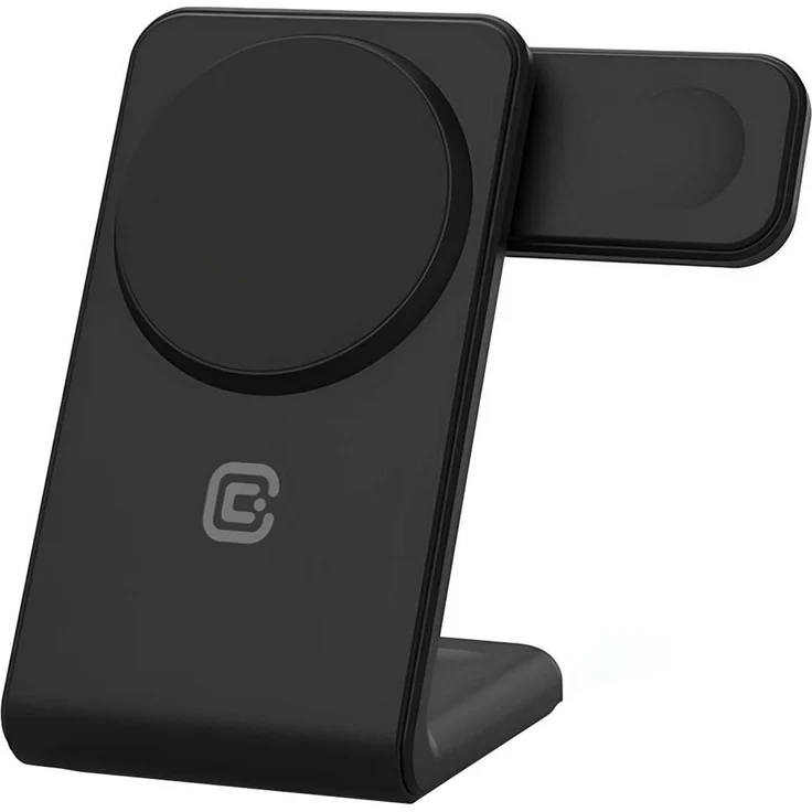 Crong MagSpot 3-in-1 Qi Ladegerät für iPhone/Watch/AirPods, Schwarz - kompatibel mit MagSafe, lädt bis zu 3 Geräte gleichzeitig, rotierbarer Arm für Apple Watch, USB-C-Kabel enthalten