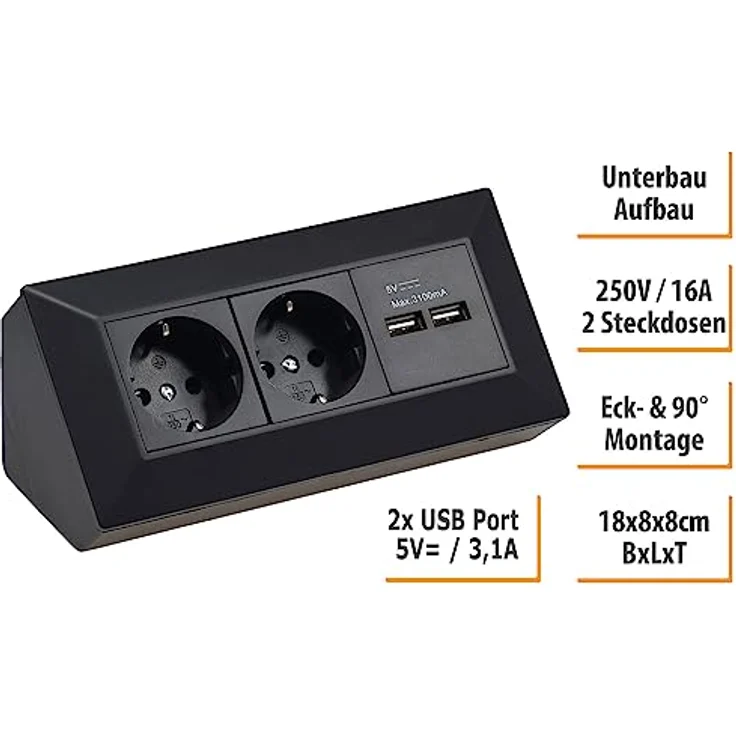 ChiliTec Steckdosenblock Ecksteckdose 2-fach Schwarz, 2x USB-A 3,1A, erhöhter Berührungsschutz – Bild 5