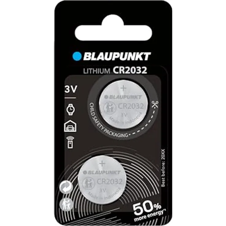 Blaupunkt Lithium Coin CR2032 Knopfzelle, 2er Pack, hohe Temperaturbeständigkeit (-30°C bis +60°C), 10 Jahre Haltbarkeit