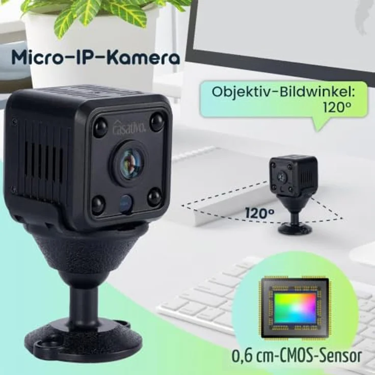 Casativo Micro-IP-Kamera, Akkubetrieb HD 720p, 120° Weitwinkel, Nachtsicht, WLAN, Schwarz – Bild 6