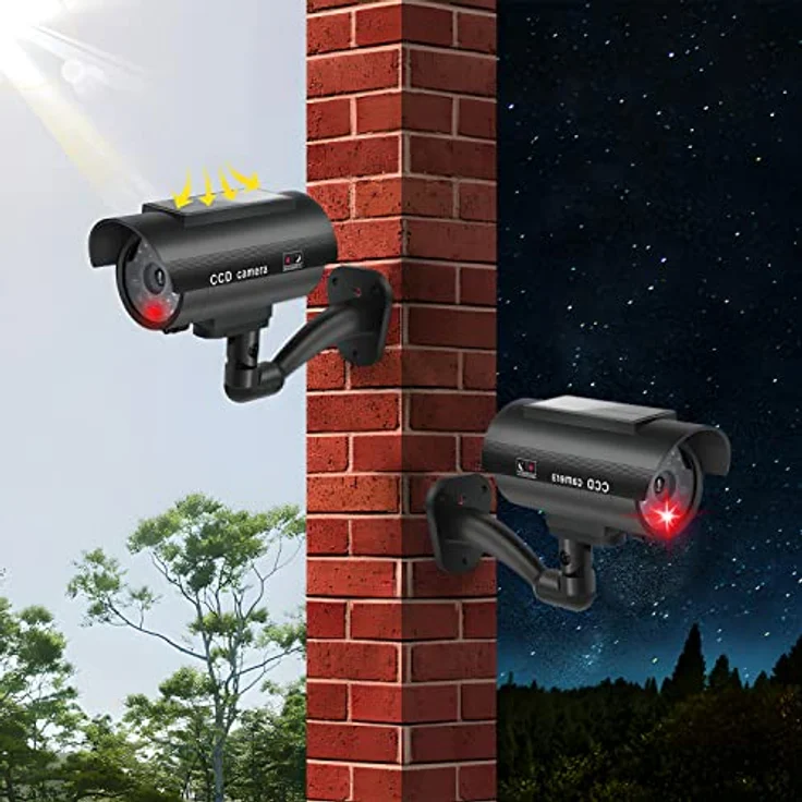 Retoo Security Dummy Kamera Solar Attrappe für Außen und Innen Schwenkbare Drahtlose CCD mit Blinkendem LED Wetterfest Sicherheitskamera Fake Camera Zuhause Büro Überwachung Schwarz – Bild 5