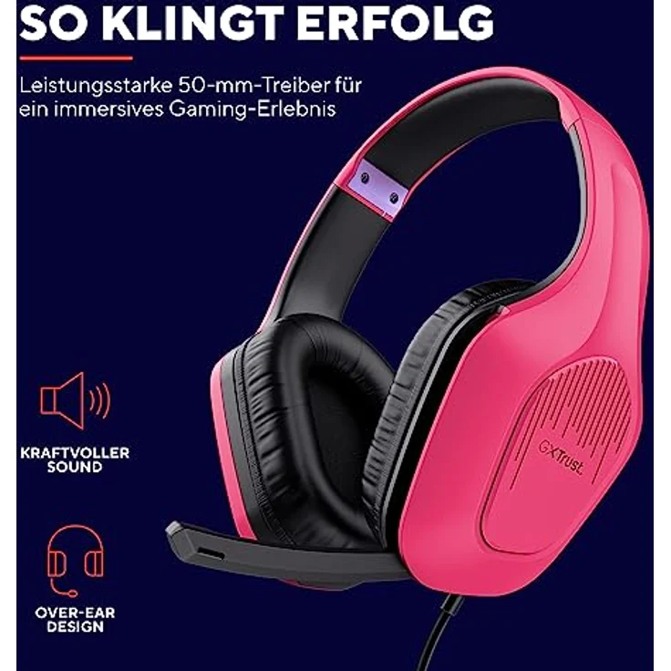 Trust Gaming GXT 415P Zirox Leichtes Gaming Headset mit 50-mm-Treiber für PC, Xbox, PS4, PS5, Switch, Mobile, 2-m-Kabel, 3,5-mm-Audioanschluss, Over-Ear Kopfhörer mit Kabel - Rosa – Bild 3