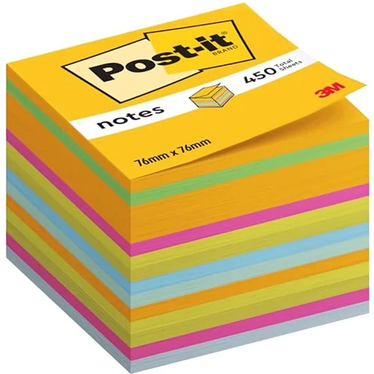 Post-it Notes Haftnotiz Würfel 76 x 76 mm, 450 Blatt in 6 Farben (ultragelb, limonengrün, ultrapink, ultragrün, hellblau, türkis)