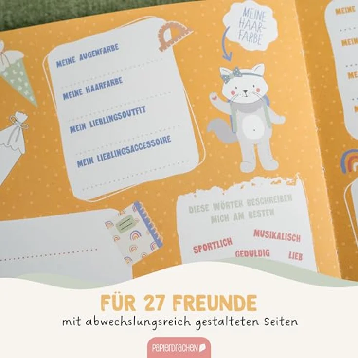Papierdrachen Freundebuch für Kinder, hochwertiges Hardcover Erinnerungsbuch mit buntem Design, 64 Seiten, perfekt für die Schulzeit, Set 6 – Bild 4