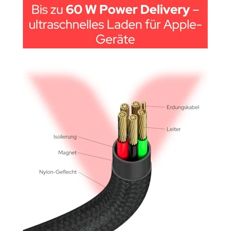 Verbatim 31844 Lightning-Kabel, 1,2 m, schwarz, USB C, verstärkt, 480 Mbit/s – Bild 3