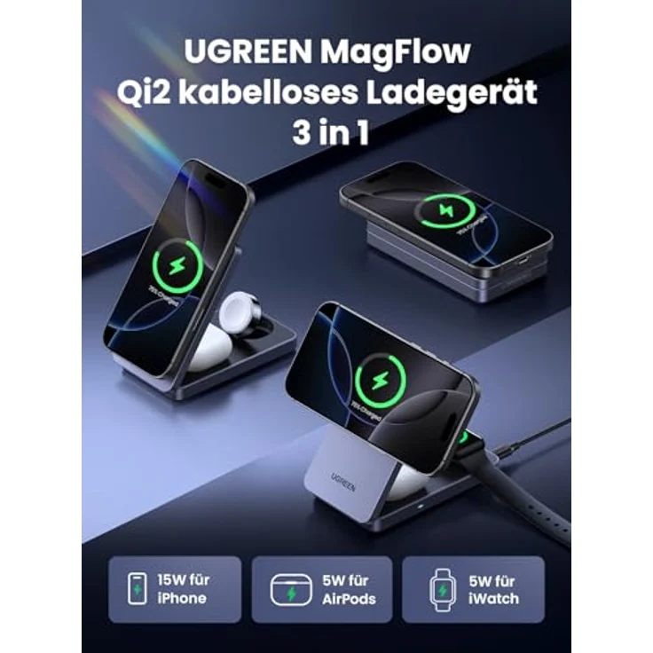 UGREEN MagFlow Qi2 15W 3-in-1 Wireless Charger, kompatibel mit MagSafe für iPhone 16/16 Pro, AirPods und Smartwatch, faltbarer magnetischer Ständer mit 30W Ladegerät – Bild 3