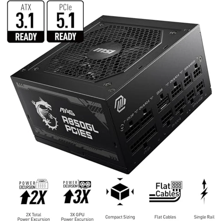 MSI MAG A850GL, ATX 3.0 Gaming-Netzteil mit 850 W, 80 Plus Gold Zertifizierung, vollständig modular, kompakte Größe – Bild 2