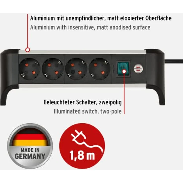 Brennenstuhl Alu-Office-Line Steckdosenleiste 4-Fach/Steckerleiste aus Aluminium für den Schreibtisch (Mehrfachsteckdose mit Schalter und 1,8m Kabel) – Bild 2