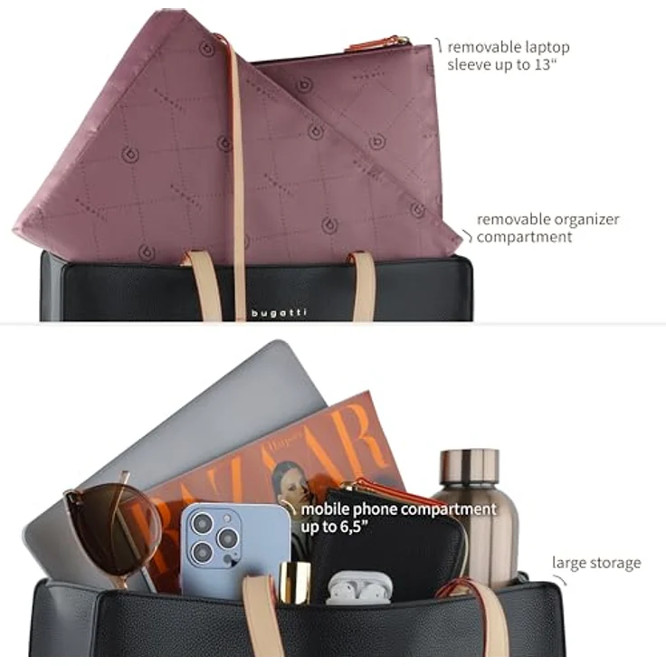 bugatti Ella Business System Bag, elegante Aktentasche mit 13-Zoll-Laptopfach, Organizer und 100% Handmade, Schwarz – Bild 5