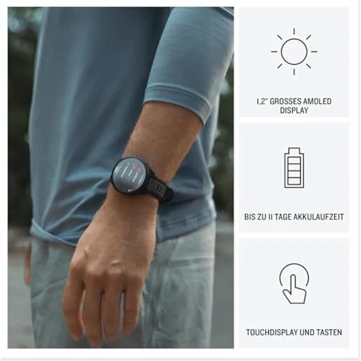 Garmin Forerunner 165 [renewed] - Lauf-Smartwatch mit 1,2" AMOLED Touchscreen, bis zu 11 Tage Akkulaufzeit, 25+ Sport-Apps, Trainingsempfehlungen, Gesundheitsdaten, smarte Funktionen, wasserdicht bis 5 ATM [Generalüberholt] – Bild 3