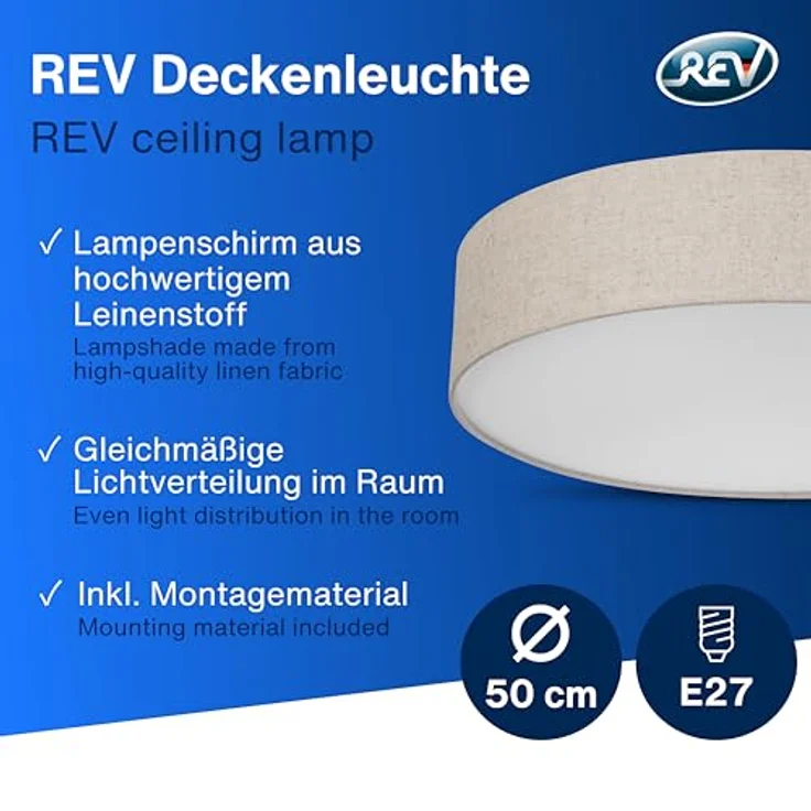 REV Deckenleuchte - Deckenlampe rund 50cm mit Stoff-Lampenschirm im Vintage-Look, taupe - Flexibel, zeitlos & gemütlich – Bild 2