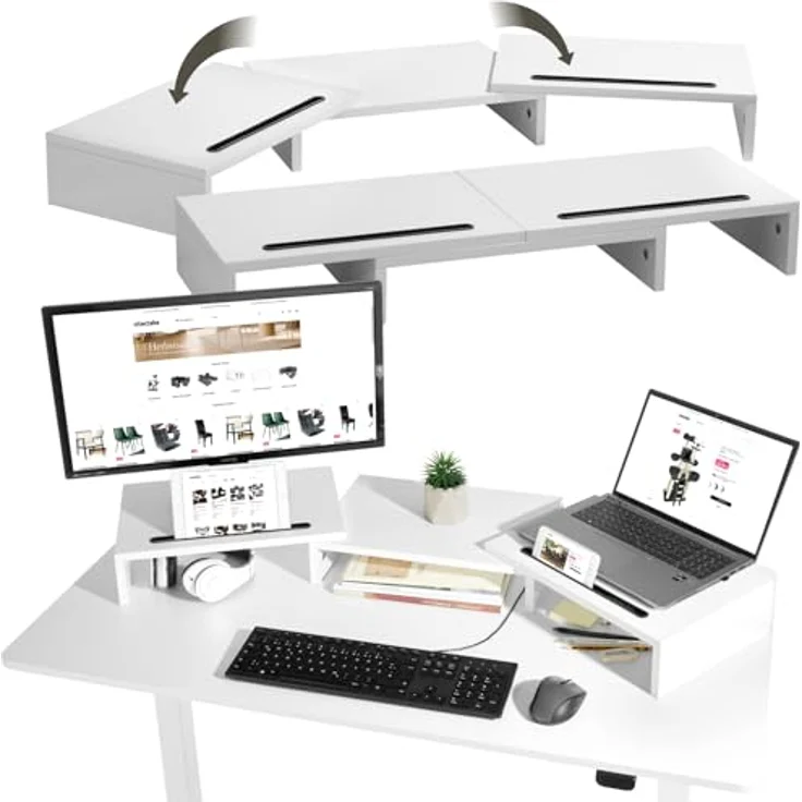 tectake® Monitorständer weiß, Ergonomische Bildschirmerhöhung mit flexibler Anpassung und zusaätzlichem Stauraum – Bild 1