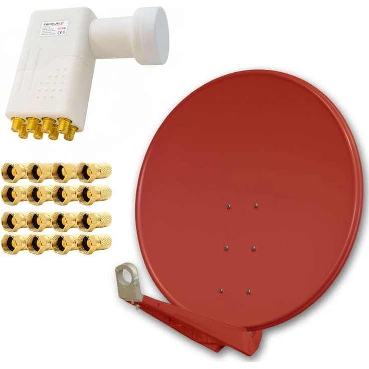 PremiumX DELUXE100 Aluminium Antenne 100cm in Ziegelrot für HDTV 4K mit LNB Octo 0,1 dB, Direktanschluss für 8 Teilnehmer, inkl. 16x F-Stecker