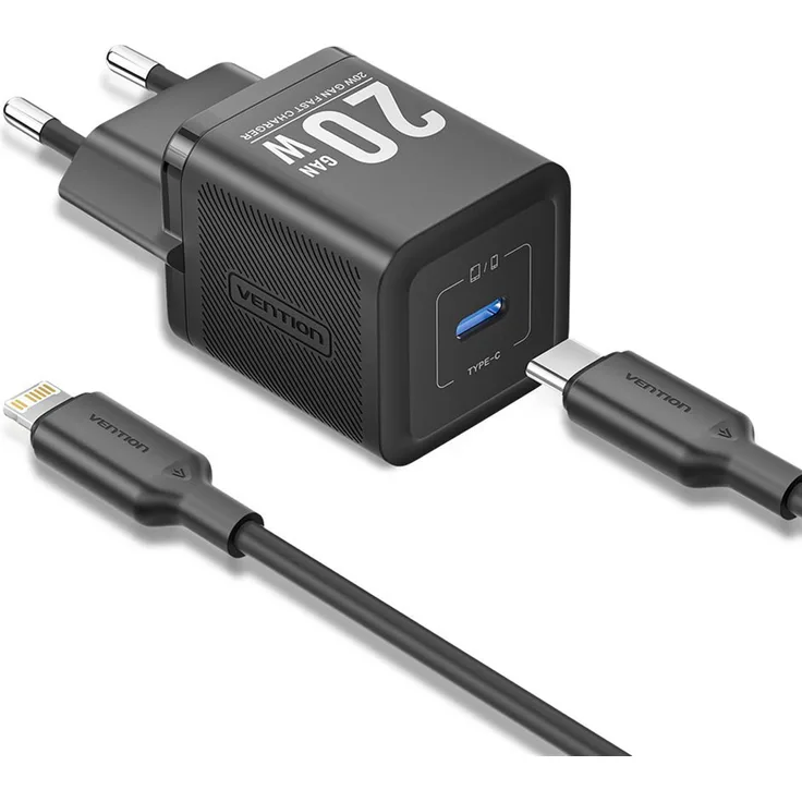 Vention 1-Port USB-C GaN Ladegerät (20W) mit USB-C zu Lightning Kabel (1M), EU-Stecker, Schwarz