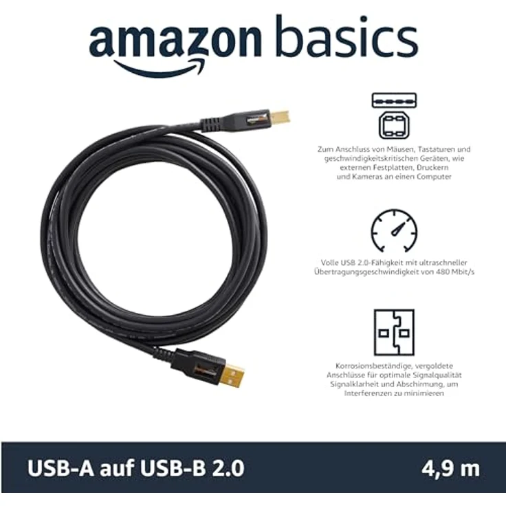 AmazonBasics PC045 USB 2.0-Druckerkabel A-Stecker auf B-Stecker, 4,8 m, Schwarz - Preisvergleich – Bild 2