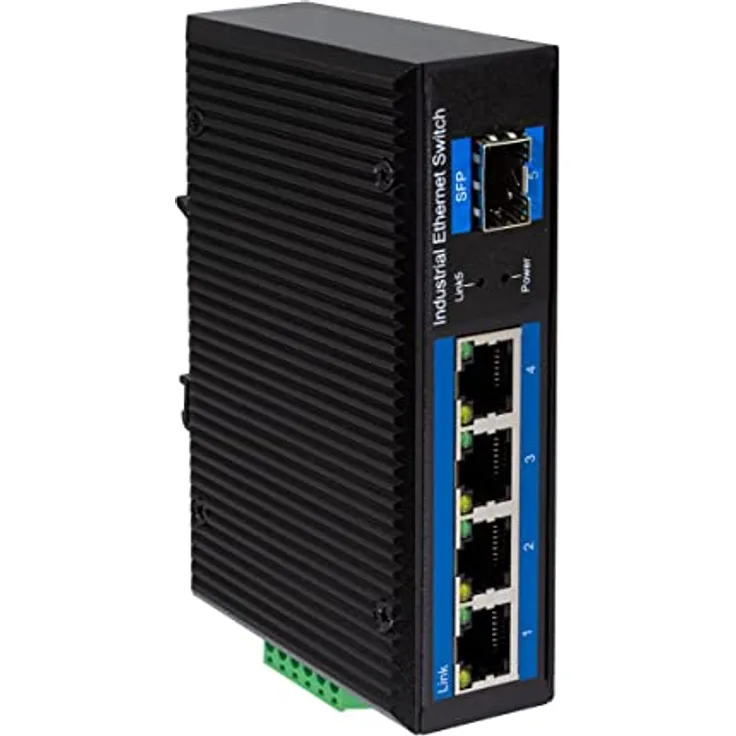 LogiLink Industrie Gigabit Ethernet Switch, 4-Port 1000 Mbit/s + 1-Port SFP (für Glasfaser Backbone)