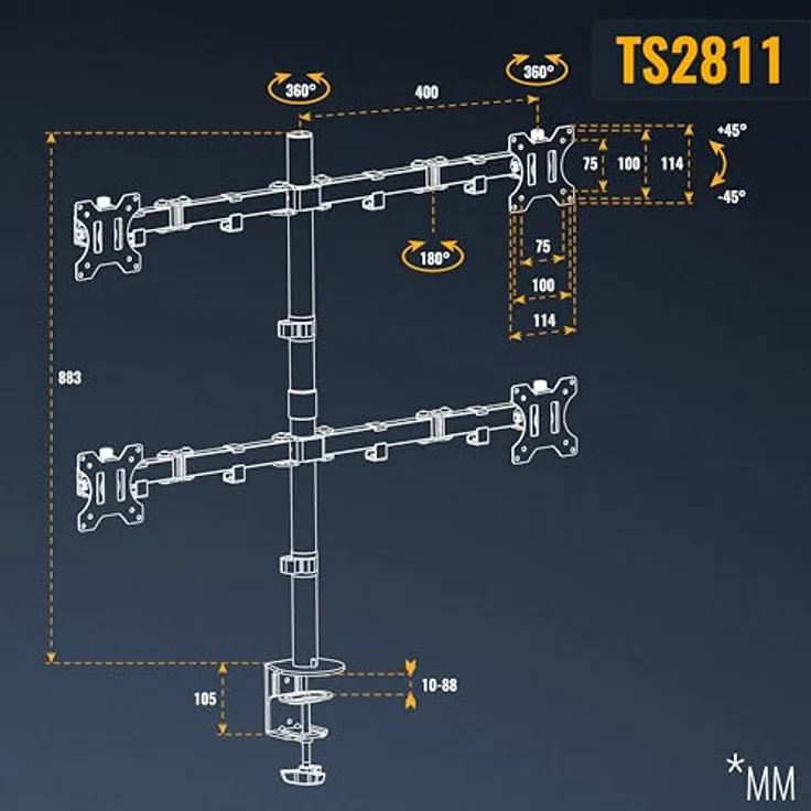 RICOO TS2811 Multi Monitor Tischhalterung, für 4 Monitore bis 32 Zoll, VESA 75x75/100x100, Schwarz, 8 kg Belastbarkeit, höhenverstellbar, 360° drehbar – Bild 6
