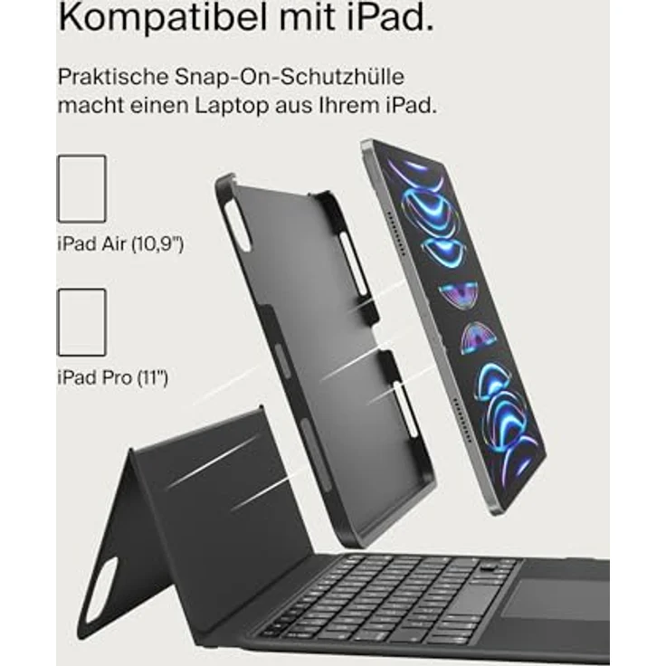 Belkin Everyday Tastatur mit Hülle u. Halter, hinterleuchtete Bluetooth-Tastatur, Multi-Gesture-Steuerung, magnetische Befestigung des Apple Pencil, Multimedia-Tasten für iPad Air, 10,9", iPad Pro 11", schwarz – Bild 2