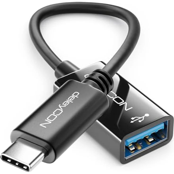 deleyCON USB-C auf USB-A Adapter Kabel, USB 3.0 OTG, kompatibel mit Notebook, Laptop, PC, Smartphone, iPhone 17/16/15, MacBook, iPad Mini, 17cm, schwarz – Bild 1
