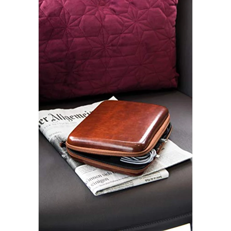 TROIKA Brown TRAVEL CASE, Organizer Etui mit Reißverschluss, 3 Innenfächer, 6 Elastikband-Schlaufen, Trennwand, Kunstleder, Samt, braun, schwarz – Bild 4
