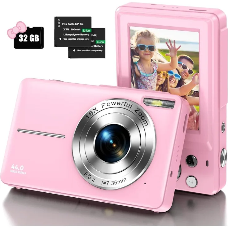 VIVITAR Digitalkamera 44MP HD, 1080P Kinderkamera mit 32G Micro SD Karte, 2,4" LCD-Bildschirm und 16X Digitalzoom, inkl. 2 Batterien, ideale Einsteigerkamera
