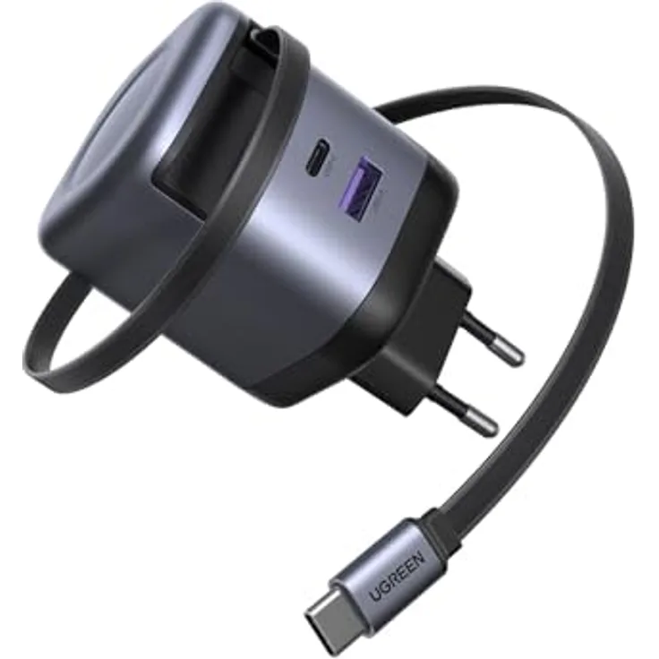 UGREEN Nexode 65W GaN USB-C Einziehbares Ladegerät, 3-Port Schnellladegerät mit 0,7 m Ladekabel, PPS kompatibel mit MacBook Pro/Air, iPhone 16-8 Serie, Galaxy S-A Serie, iPads