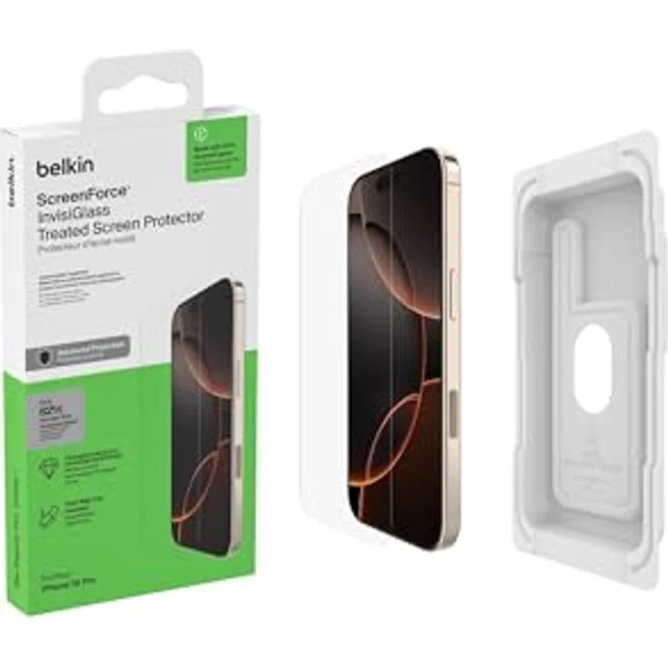 Belkin ScreenForce InvisiGlass iPhone 16 Pro Displayschutz, kratzfester Stoßschutz, recyceltes Glas, antimikrobiell, 9H Härtegrad, Positionierungsschale, für iPhone 16 Pro – Bild 2