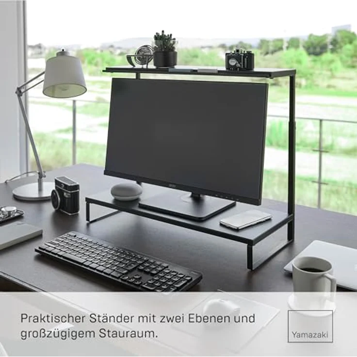 Yamazaki 1303 Tower, 2-stöckiger Monitorständer, schwarz, aus Stahl/Silikon/Polypropylen, 59 x 27,5 x 38-65 cm, minimalistisches Design – Bild 2