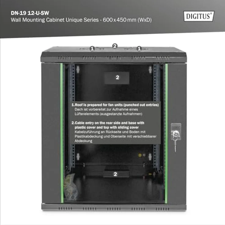 DIGITUS Netzwerk-Schrank 19 zoll 12 HE - Wandmontage - 450 mm Tiefe - Traglast 100 kg - Unique Serie - Glastür - Schwarz – Bild 6