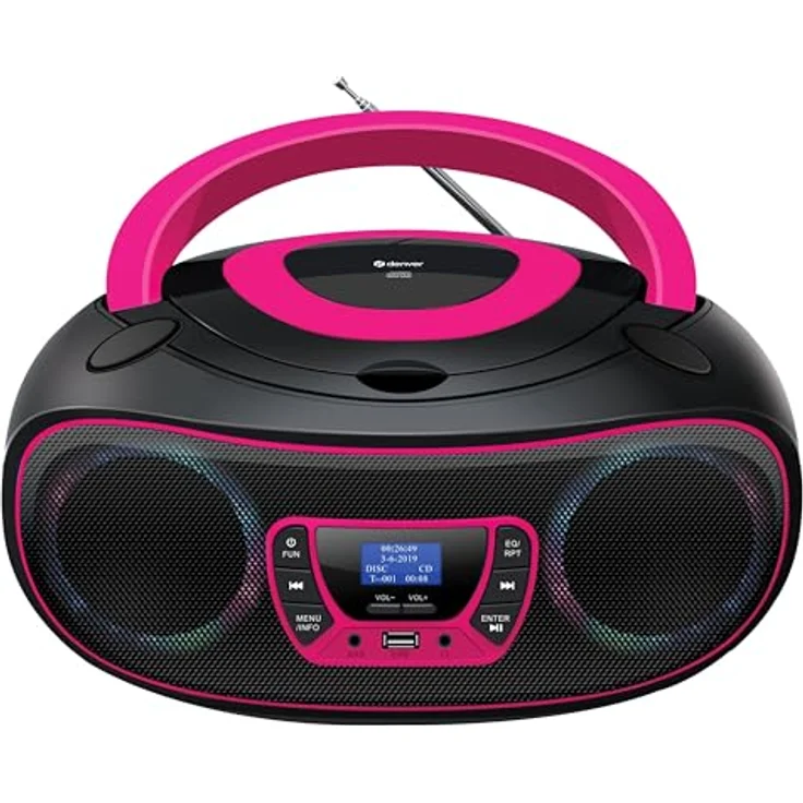 Denver TDB-212 DAB+ Boombox | Retro-Design mit Bluetooth, USB, CD-Player und AUX-Anschluss | Digitalradio DAB+/FM mit LCD-Display und MP3-Wiedergabe | Lichteffekten (Pink) – Bild 1