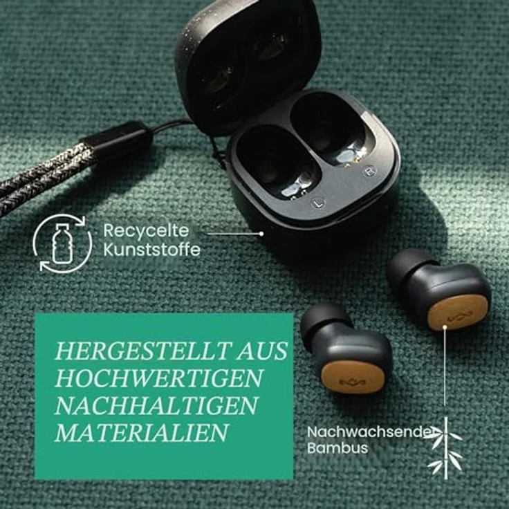 House of Marley Smile Jamaica TWS Mini, Drahtlose In-Ear-Kopfhörer, Schwarz, 24 Stunden Akkulaufzeit, nachhaltige Materialien, Touch-Bedienung – Bild 5