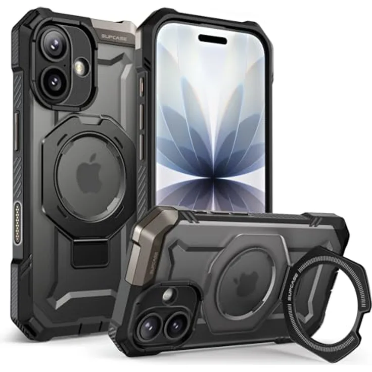 SUPCASE Unicorn Beetle Grip Hülle für iPhone 17 (6,3'' 2025), robust mit Ringhalter, MagSafe-kompatibel, schwarz, Militärstandard Falltests, rutschfester Griff, integrierter Ständer