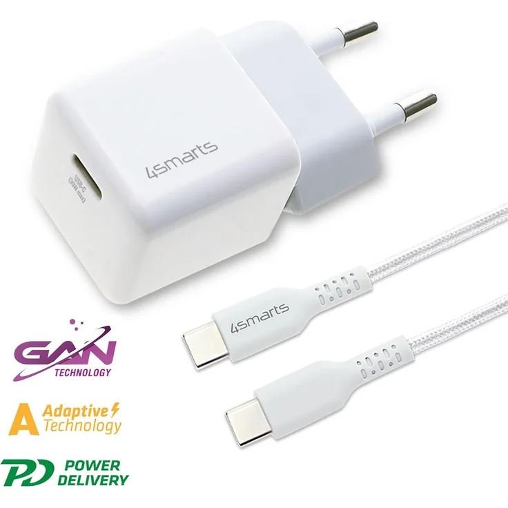4smarts VoltPlug Mini PD 30W, USB-Wandladegerät mit USB-C auf USB-C Kabel, Weiss