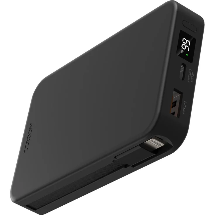 Accezz Powerbank 10.000 mAh mit integrierten Lightning- und USB-C-Kabeln, Schwarz, Quick Charge 3.0, Power Delivery 3.0