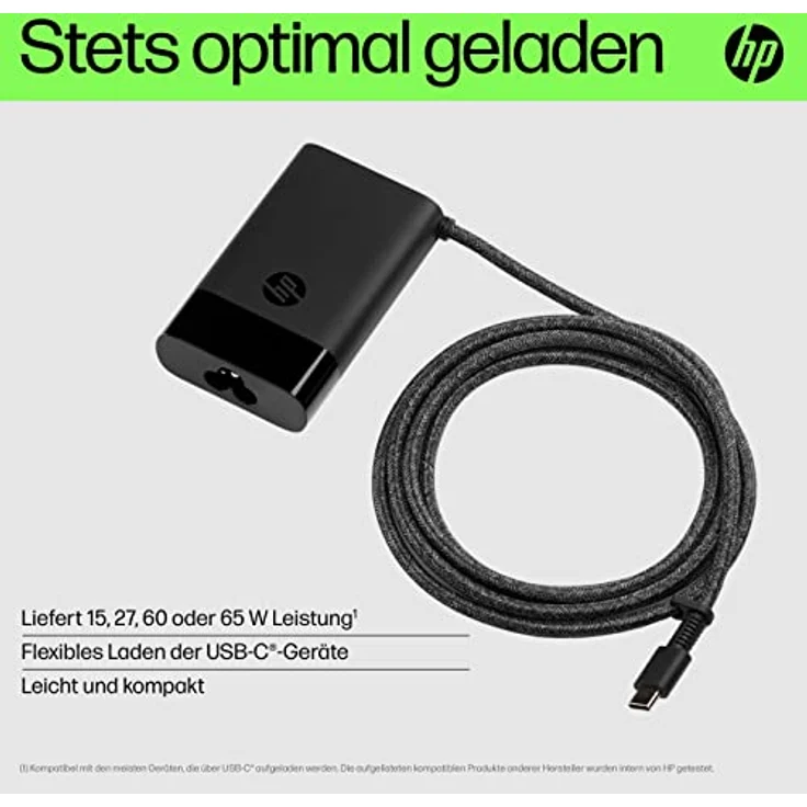 HP USB-C Ladekabel für Laptops, Tablets & Smartphones, 65W, 180 cm Kabellänge, schwarz – Bild 3