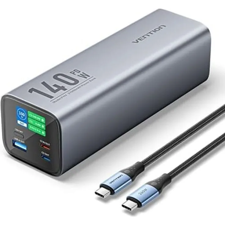 Vention FHVH0 Powerbank 27000mAh, 140W, mit LED-Display, grau, schnellladen, 3 Anschlüsse