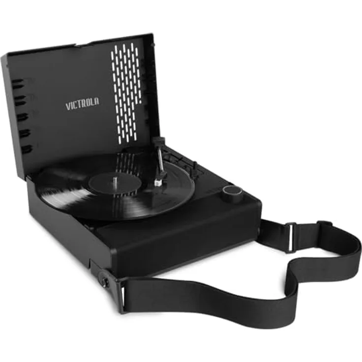 Victrola Revolution GO Tragbarer Bluetooth-Plattenspieler mit DREI Abspielgeschwindigkeiten, nachladbarem Akku mit 12 Stunden Spielzeit und integrierten Lautsprechern | Schwarz | VSC-750SB-BLK-EU