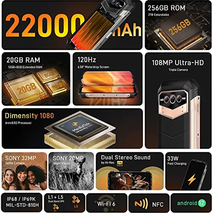 DOOGEE VMAX (2023) 5G Smartphone ohne Vertrag, 22000mAh Akku, 20GB + 256GB, Dimensity 1080 Octa Core, 108MP Kamera (20MP Infrarot) + 16MP + 32MP, Android 12 6.58 Zoll Simlockfreie Handys Schwarz – Bild 2