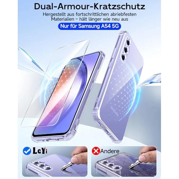 LeYi Samsung Galaxy A54 5G Hülle Transparent, Weich TPU Silikon mit 2 Schutzfolien, Stoßfestes Crystal Clear Cover Case mit Kameraschutz – Bild 4
