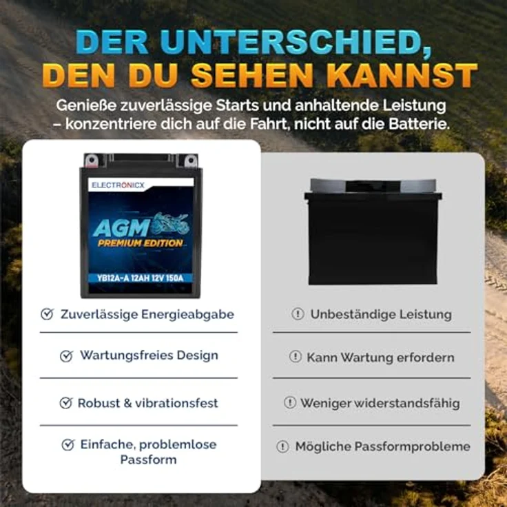 Electronicx AGM Motorradbatterie YB12A-A, 12Ah 12V, wartungsfrei, auslaufsicher, vibrationsfest für Motorrad, Roller, Quad, Jetski – Bild 7