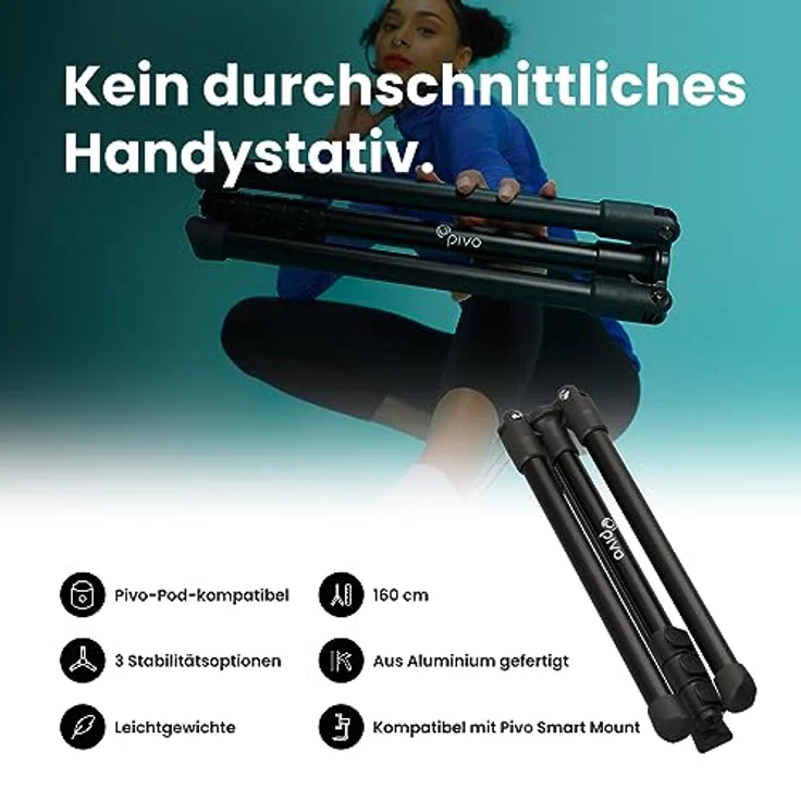 Pivo Stativ für Smartphone, Leichter Aluminiumständer, 160 cm, mit universellem 1/4-Zoll-Gewinde und 3 Höhen, für Action Cam, DSLR und Pivo Pods – Bild 2