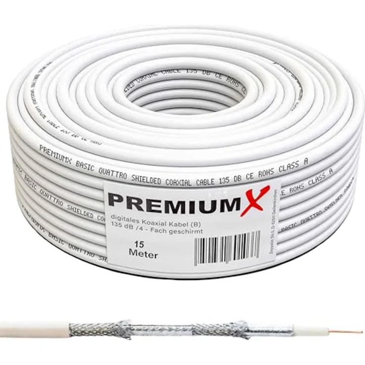 Premium X Koaxialkabel RG6, 15m, 135dB 4-fach geschirmt, feuchtigkeitsresistent, Digital SAT TV Kabel – Bild 1