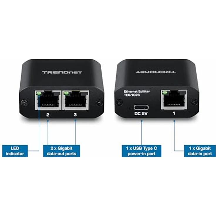 TRENDnet TEG-102S 2-Port-Gigabit-Splitter mit USB-Typ-C-Stromversorgung, NDAA- und TAA-konform, kompakte Bauweise, Plug & Play Design – Bild 3