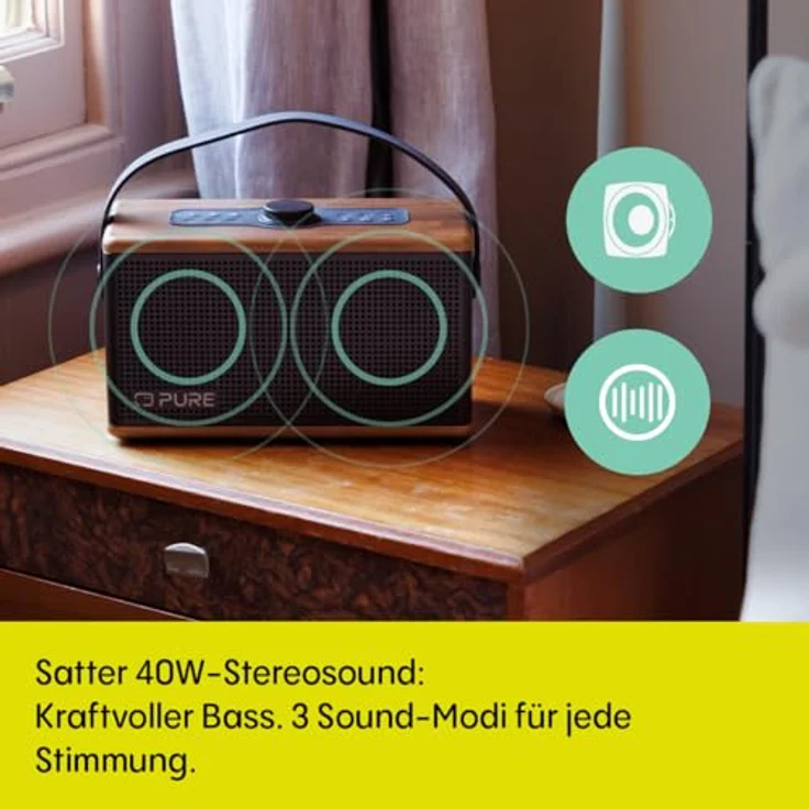 Pure Classic Aura Bluetooth-Lautsprecher 40W, 30h Akku, Lichtmodi, USB-C, AUX, IPX2, Retro-Design in Kaffeebraun mit Walnuss – Bild 2