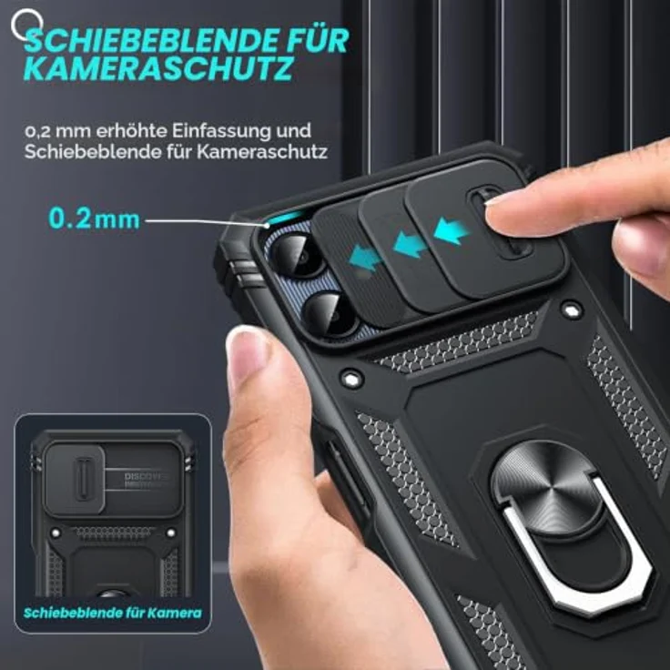 LeYi Handyhülle für Samsung Galaxy A06, Hybrid Metall Ring Ständer Case mit 2 Hartglas Schutzfolien, Kameraschutz und Schiebeabdeckung, schwarz – Bild 2