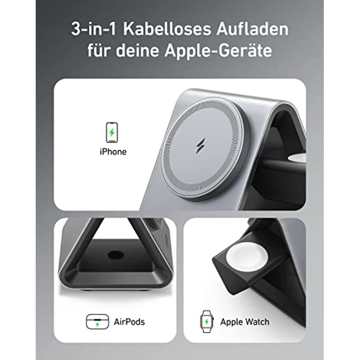 Anker 737 MagGo Charger (3-in-1 kabellose Ladestation) mit USB-C Kabel, Max. 15W Schnelladen, Kompatibel mit iPhone 14/13/12 Serie, Apple Watch S8, AirPods Pro (mit 30W USB-C Ladegerät) – Bild 3