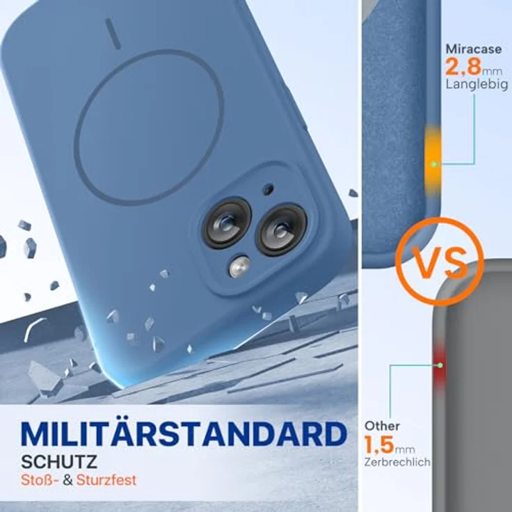miracase iPhone 15 Hülle mit MagSafe, kratzfestes Mikrofaser-Innenfutter, stoßfeste Flüssigsilikon-Hülle, Glas Blau – Bild 2