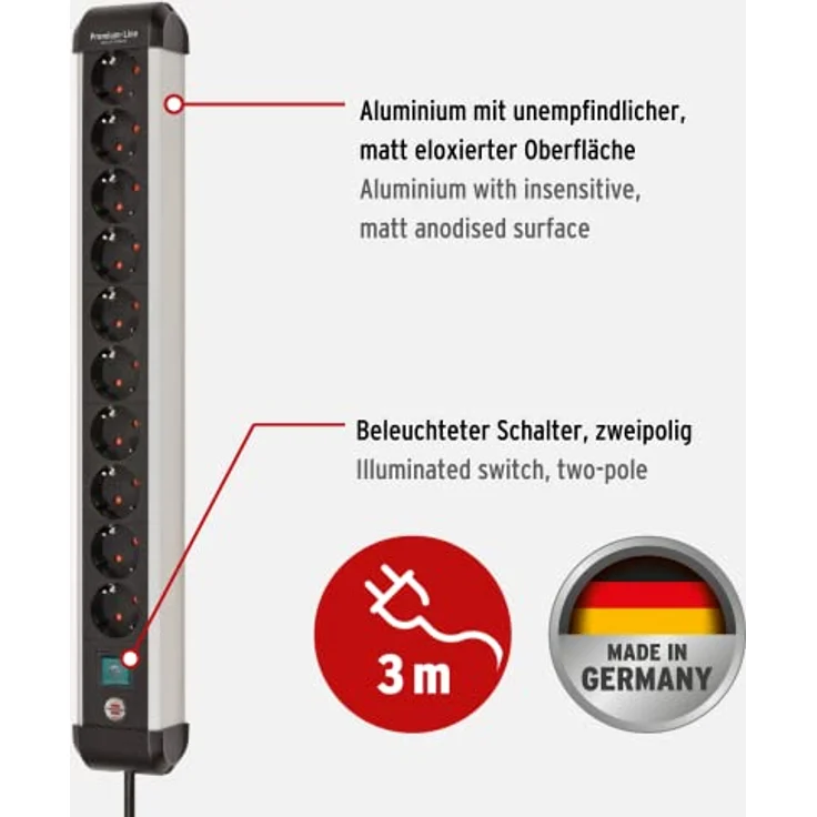Brennenstuhl Premium-Alu-Line Steckdosenleiste 10-Fach/Steckerleiste aus hochwertigem Aluminium (Mehrfachsteckdose mit Schalter und 3m Kabel, Made in Germany) – Bild 2
