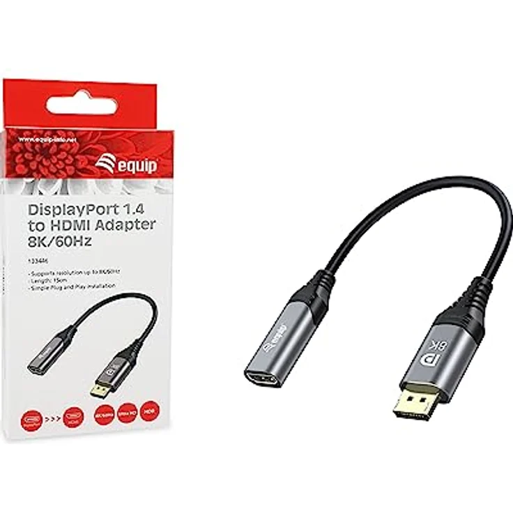 Equip 133446 DisplayPort 1.4-auf-HDMI-Adapter, 8K/60Hz, 15 cm, Aluminiumgehäuse, vergoldete Anschlüsse – Bild 2